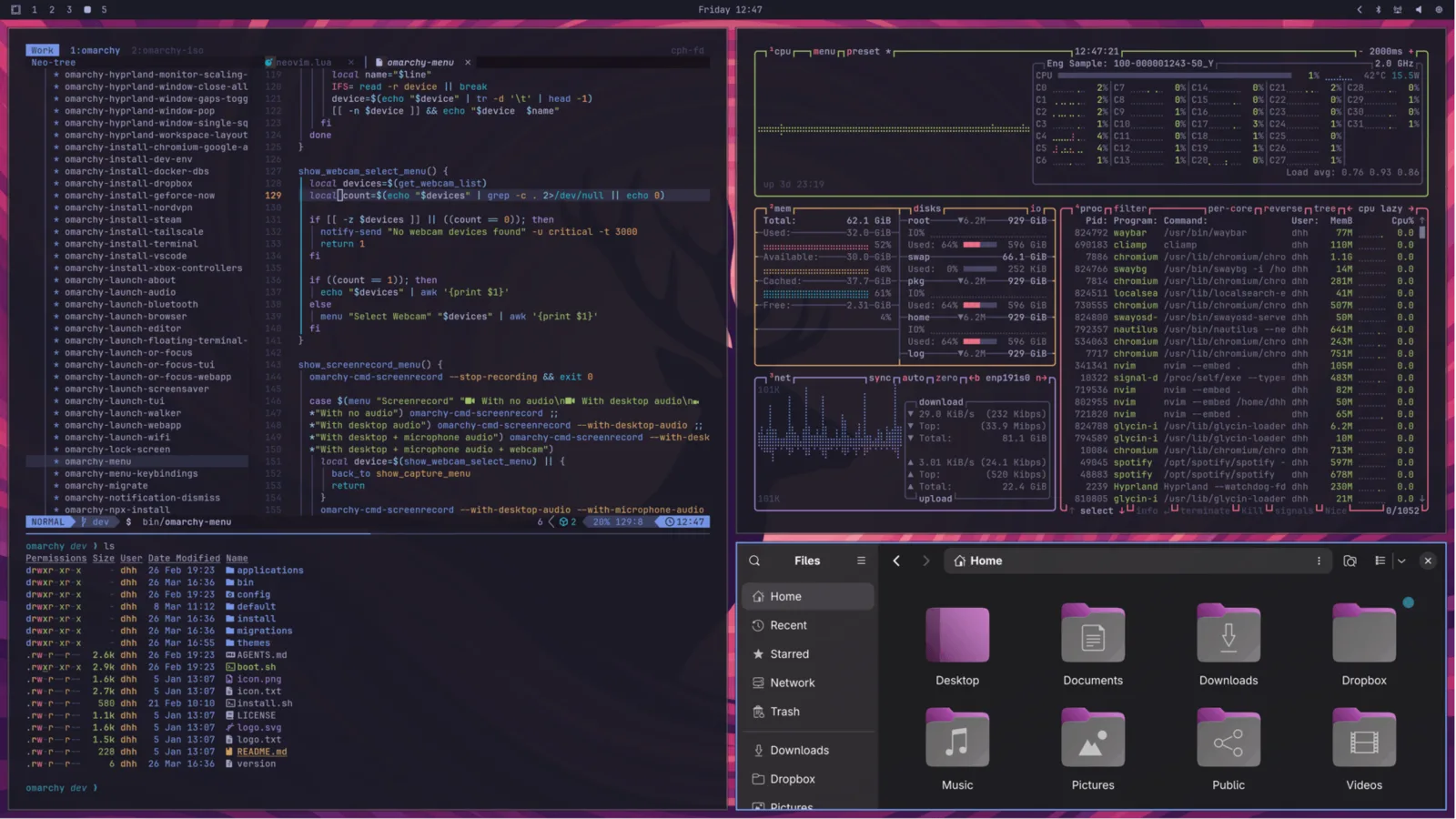 Tokyo Night theme running across an Omarchy desktop